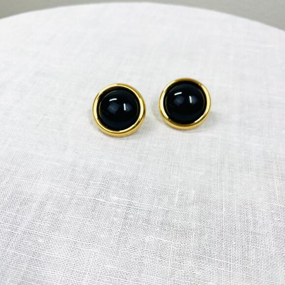 Vintage 80s Earrings Black Gold Chunky 80s VTG Original Clip On Earrings Vintage - Picture 4 of 7
